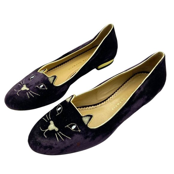 Charlotte Olympia Kitty Cat Purple Velvet Flats Loafers Gold, EU 39 US 8.5-9 - Picture 6 of 13